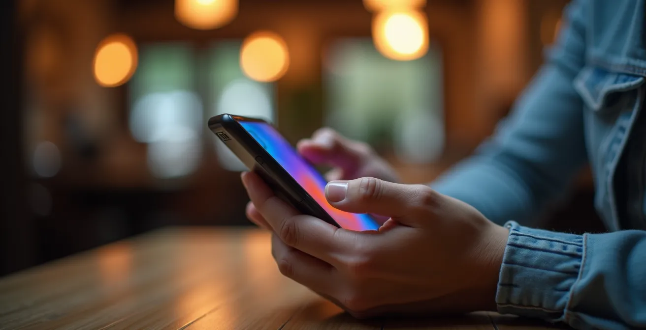 Gros plan sur des mains tenant un smartphone avec reflets colorés sur l'écran éteint