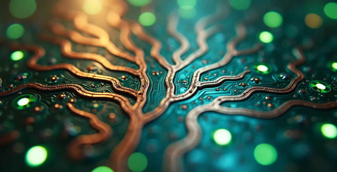 Vue macro de circuits imprimés avec reflets irisés formant des motifs de croissance